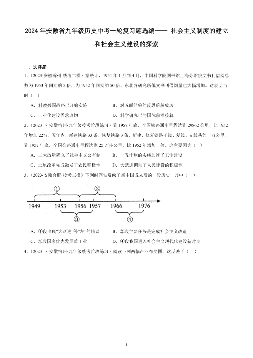 2024年安徽省九年级历史中考一轮复习题选编—— 社会主义制度的建立和社会主义建设的探索（含答案）