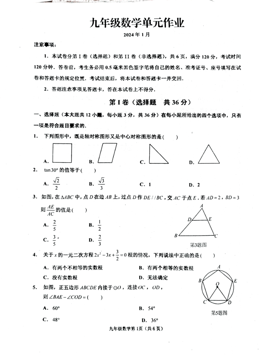 山东省临沂市沂水县2023-2024学年九年级上学期1月期末数学试题（PDF版无答案）