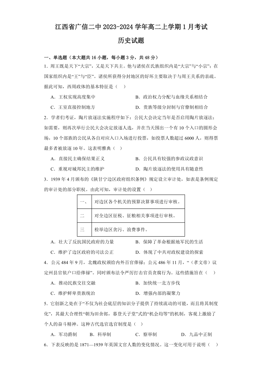 江西省广信二中2023-2024学年高二上学期1月考试历史试题（含解析）