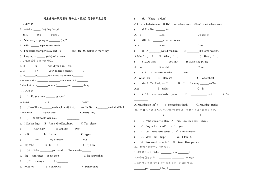 期末基础知识必刷卷 译林版（三起）英语四年级上册第 (9)天（无答案）