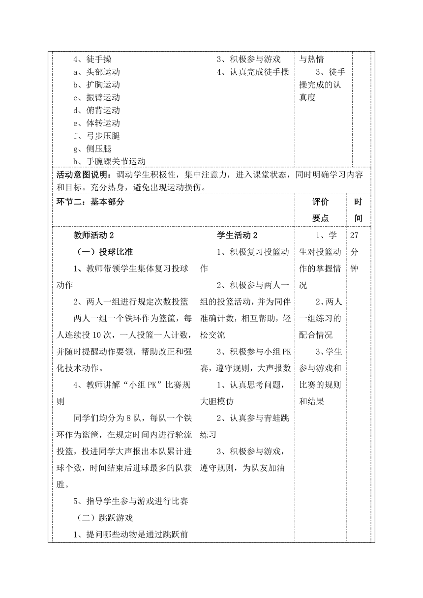 人教版体育与健康一年级上期《小篮球第15课：投球比准与模仿动物跳》教学设计及作业设计（表格式）