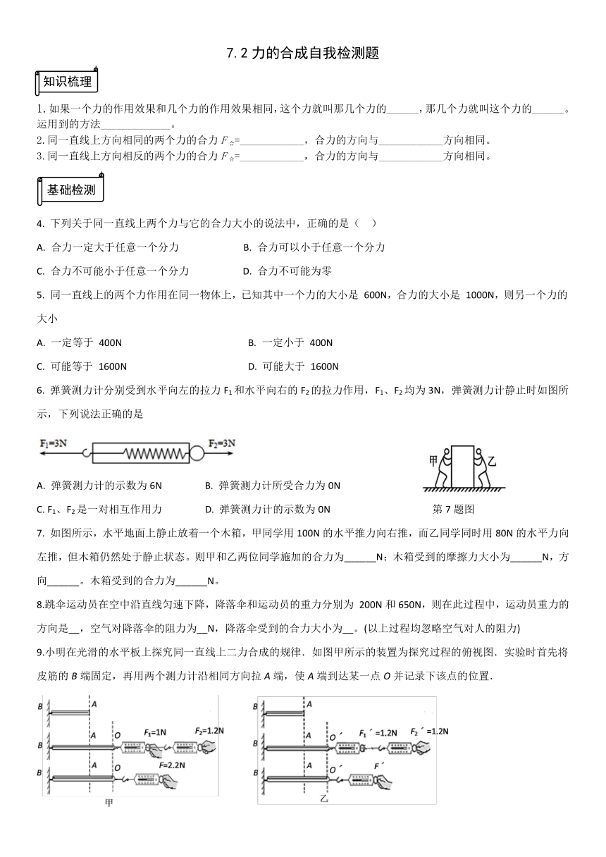 7.2力的合成自我检测题（含答案）2023－2024学年沪科版物理八年级下册