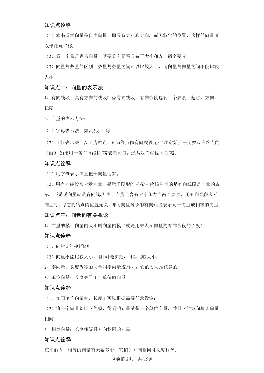 预习新知：专题01 平面向量的概念（四大考点）  2024年高一数学寒假提升学与练（人教A版2019）（含解析）