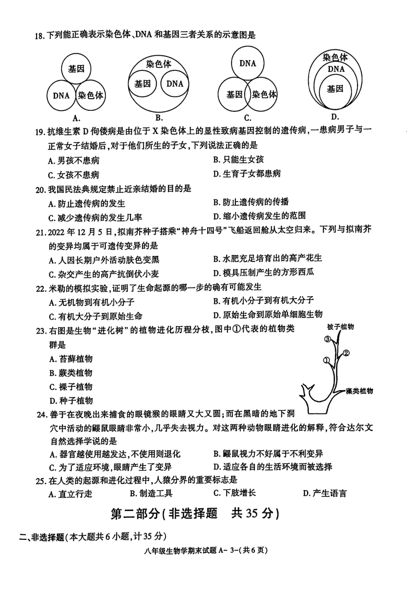 陕西省渭南市富平县2023-2024学年八年级上学期期末质量检测生物试题（PDF版无答案）