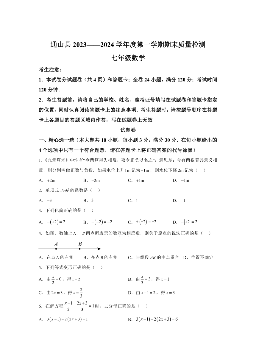 湖北省咸宁市通山县2023-2024学年七年级上学期期末数学试题(含解析)