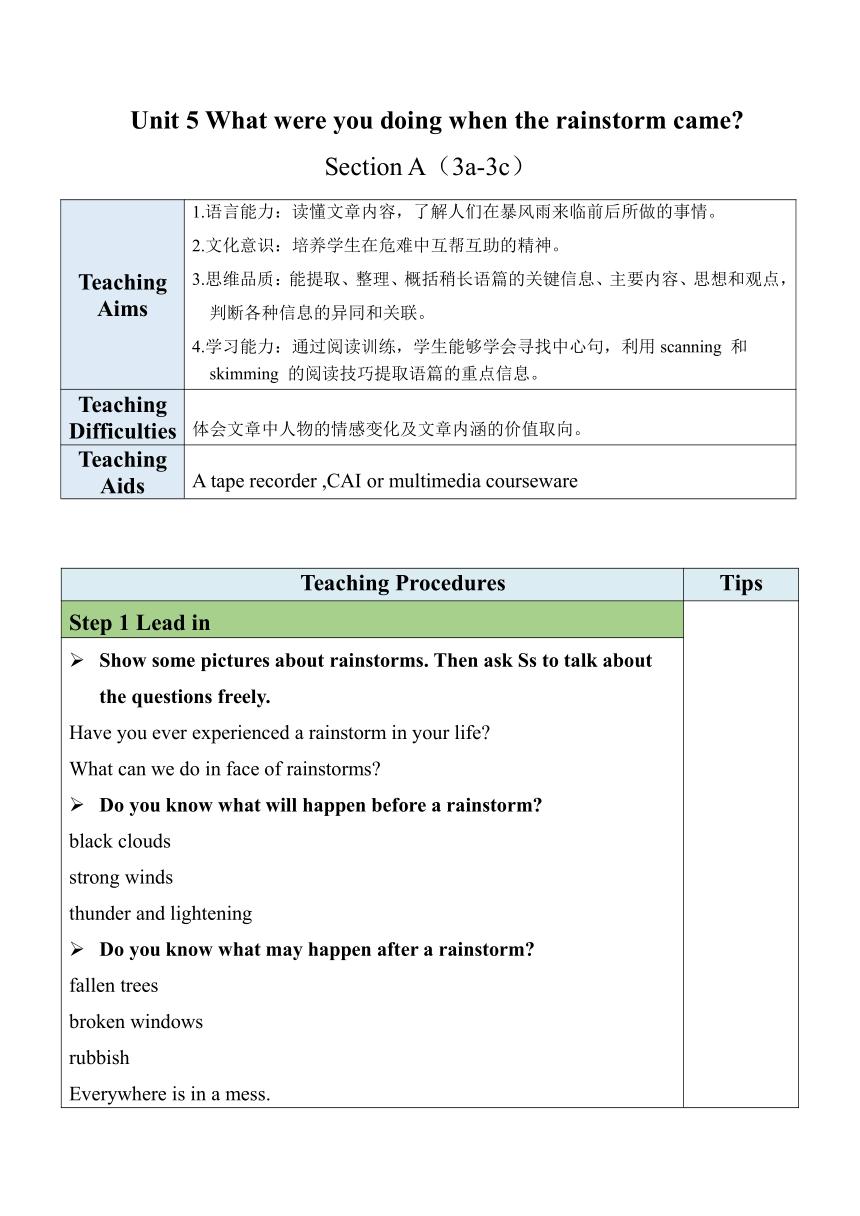 【核心素养目标】Unit 5 What were you doing when the rainstorm came？ Section A（3a-3c）表格式教案