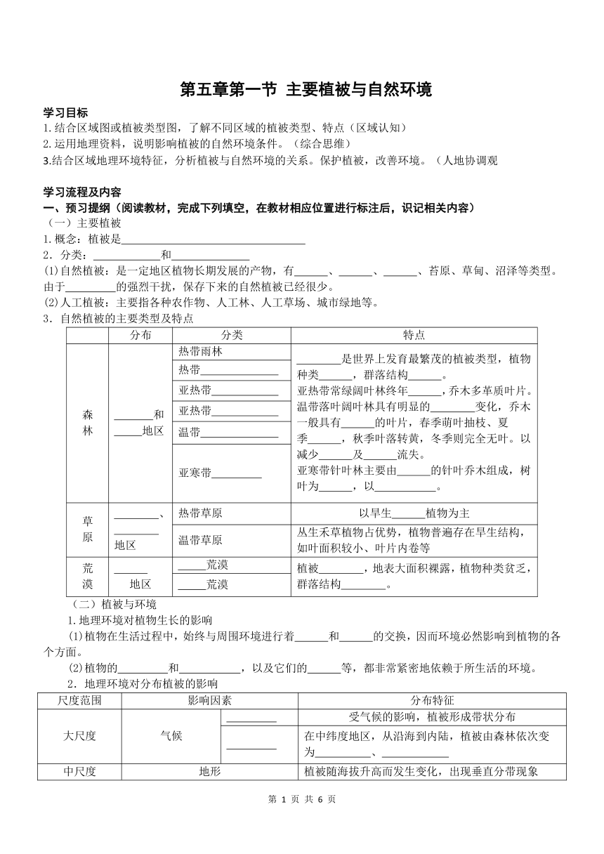 2023-2024学年高中地理湘教版（2019）必修一导学案：5.1 主要植被与自然环境（含答案）