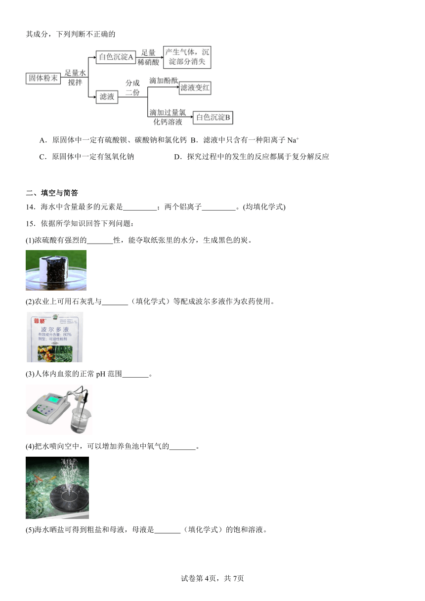 第三单元海水中的化学复习题2023-2024学年九年级化学鲁教版（五四学制）全一册（含解析）