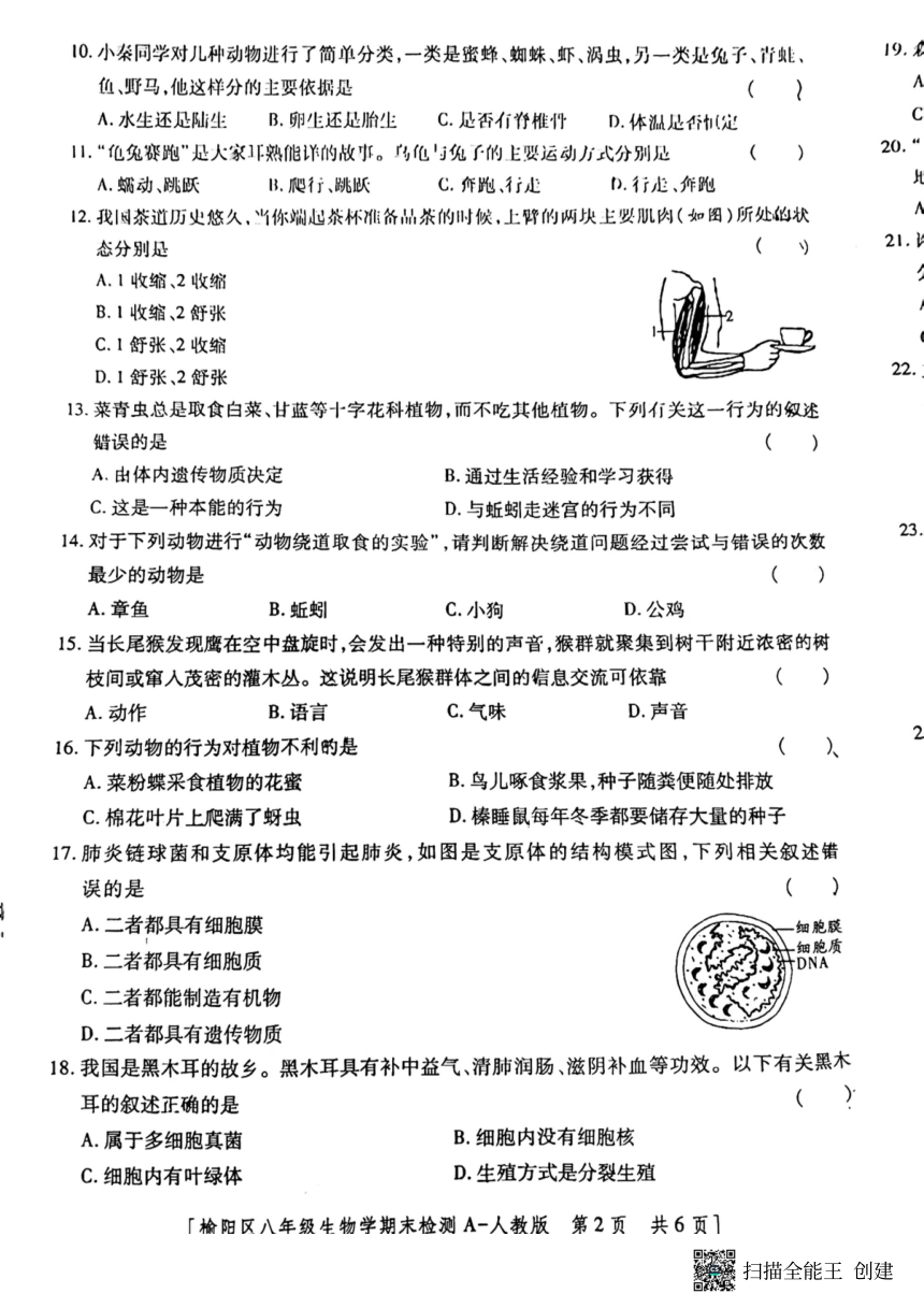 陕西省榆林市榆阳区2023-2024学年第一学期期末检测------八年级生物（PDF版无答案）