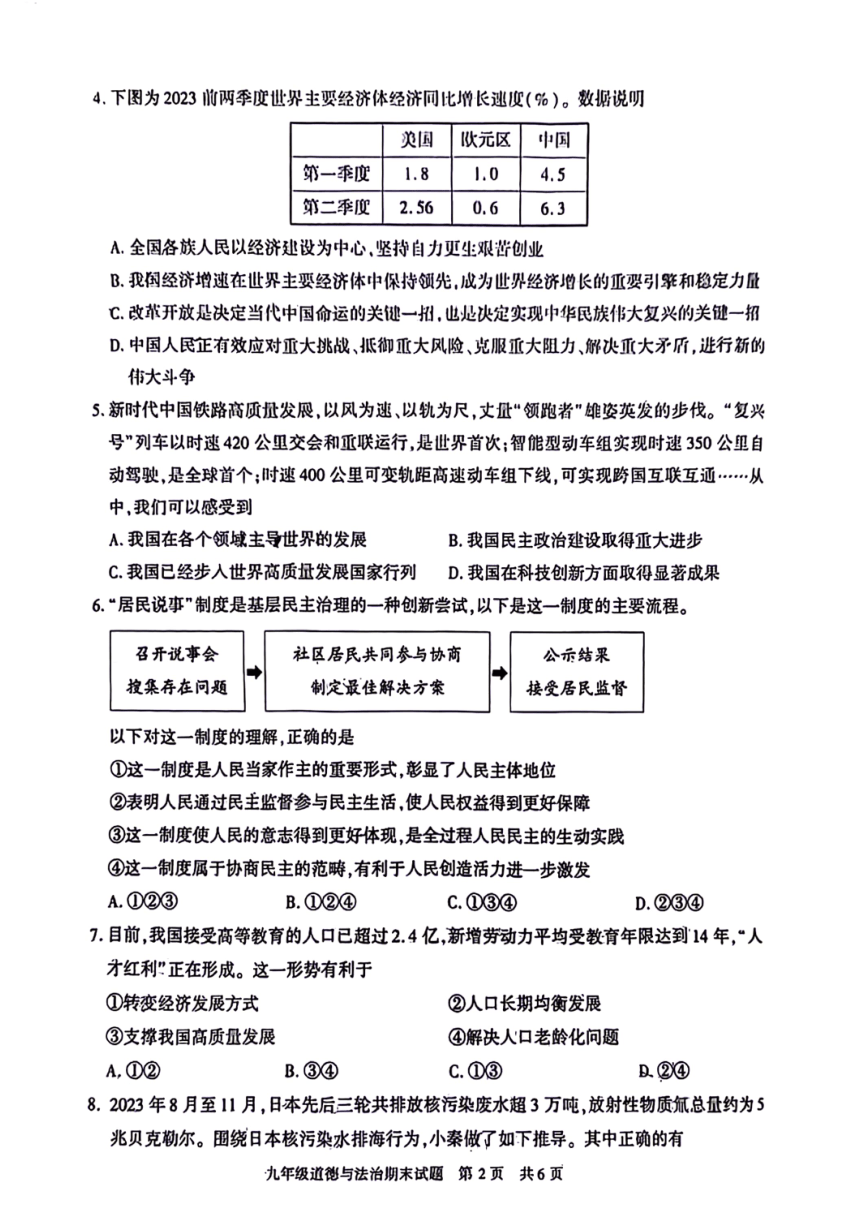 陕西省西安市长安区长安六校联考 2023-2024学年九年级上学期期末道德与法治试题（PDF版无答案）