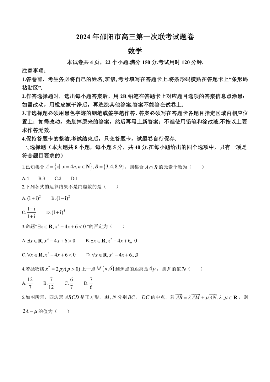湖南省邵阳市2024届高三上学期1月第一次联考（一模）数学试题（含答案）