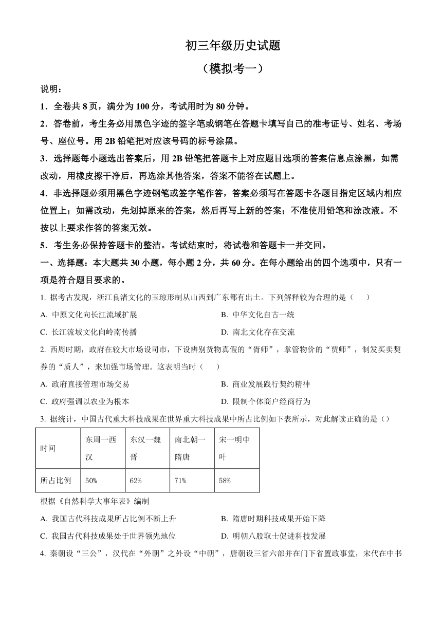 2024年广东省东莞市中考一模历史试卷（解析版）