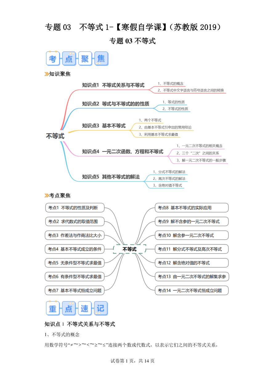 复习讲义：专题03不等式1 2024年高一数学寒假提升学与练（苏教版2019）（含答案）