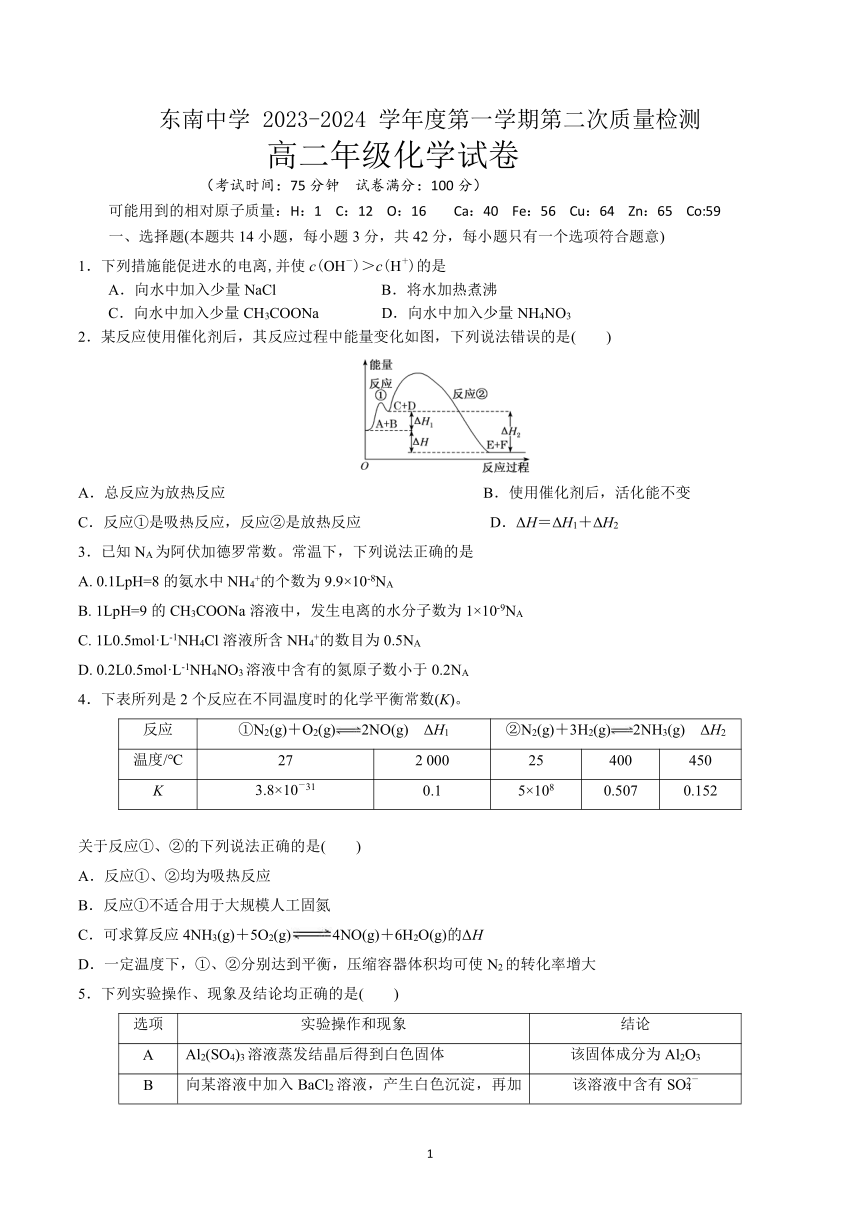 江苏省启东市东南中学2023-2024学年高二上学期第二次质量检测化学试卷（PDF版含答案）