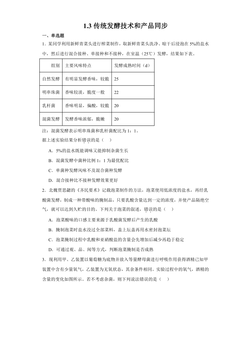 1.3传统发酵技术和产品同步练习2023-2024学年高二下学期生物苏教版选择性必修3（文字版  含答案解析）