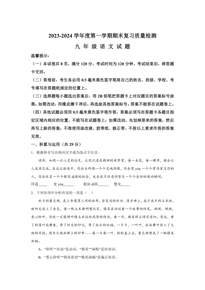 山东省滨州市沾化区2023-2024学年九年级上学期期末语文试题(含解析)