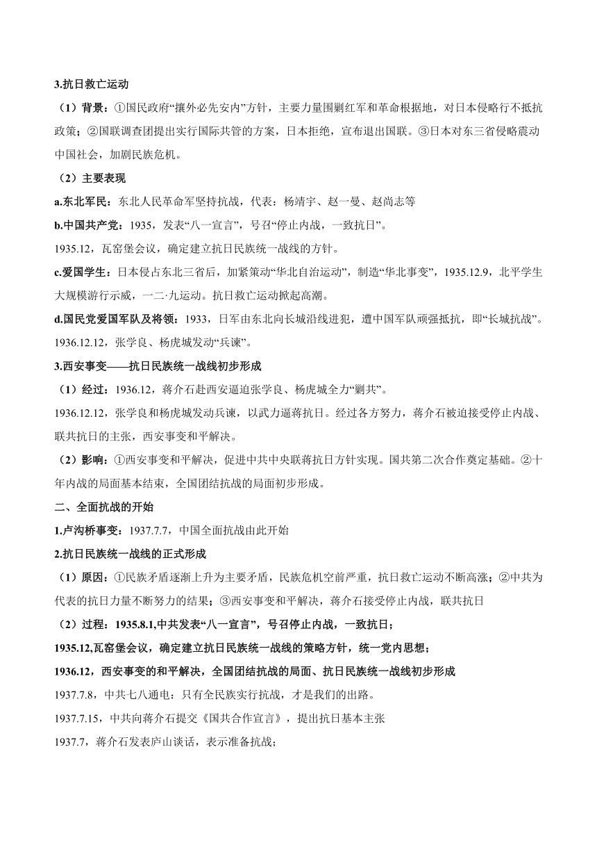 第八单元 中华民族的抗日战争和人民解放战争 知识清单