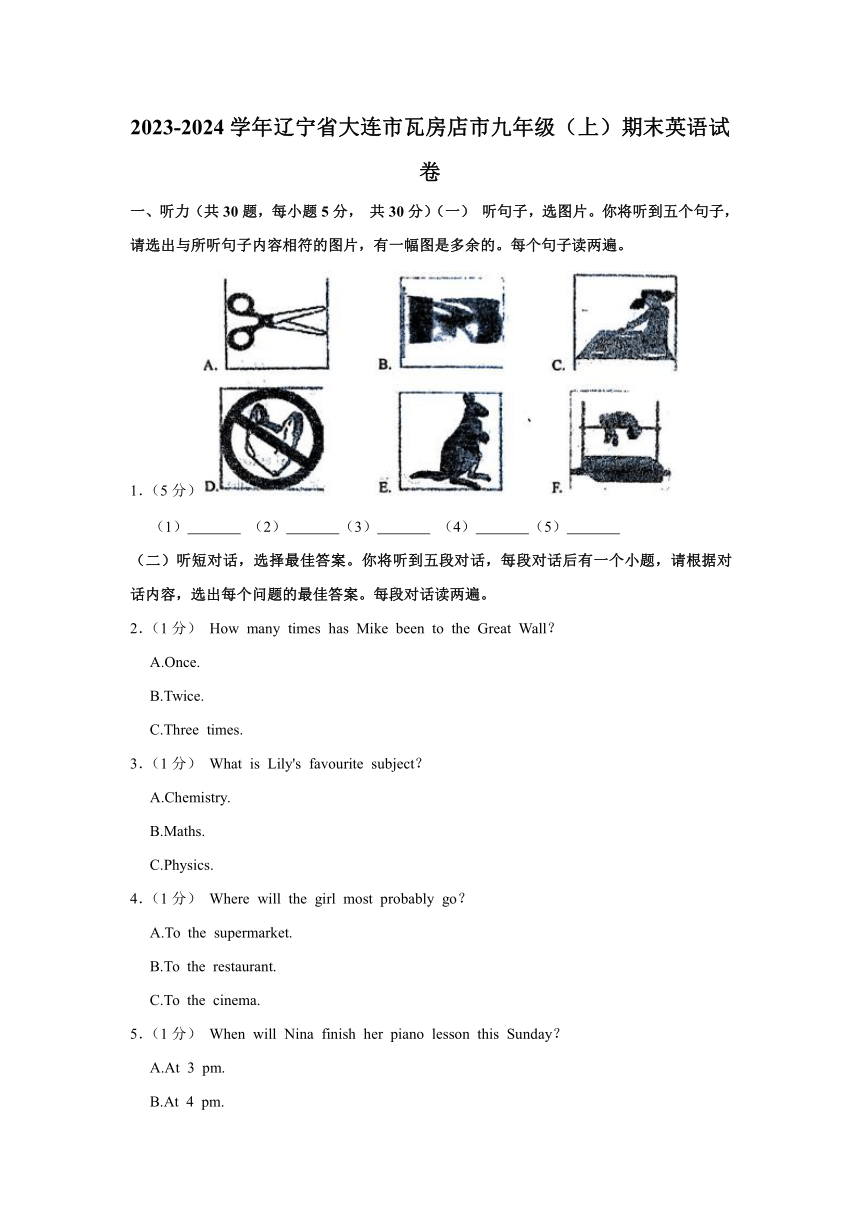 辽宁省大连市瓦房店市2023-2024学年九年级上学期期末英语试卷（含解析）