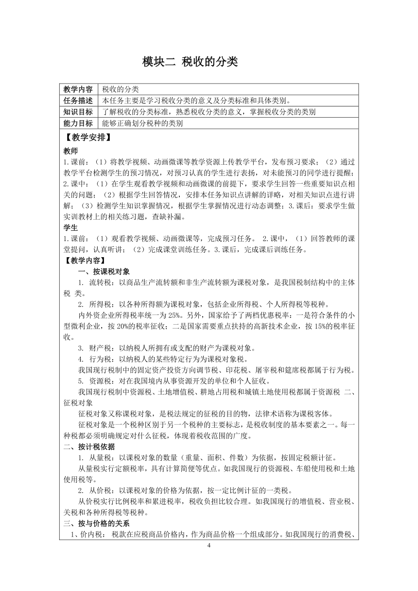 项目一  税收基础知识认知  教案（表格式）  -《纳税实务》同步教学（上海交通大学出版社）