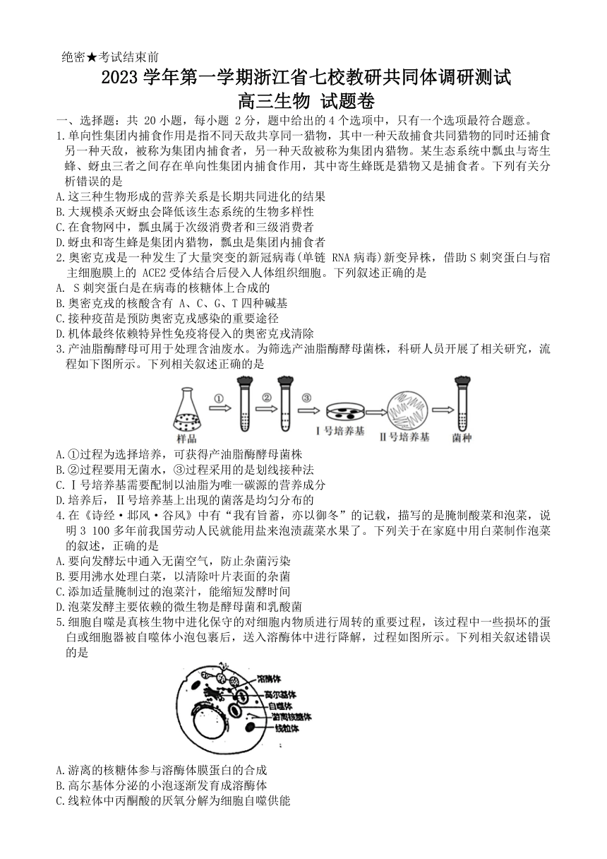 浙江省七校教研共同体2023-2024学年高三上学期1月调研测试生物学试题（含解析）