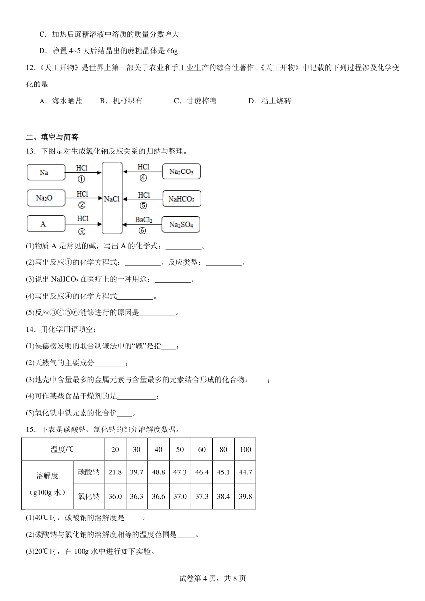 第八单元海水中的化学练习题2023-2024学年九年级化学鲁教版下册（含解析）