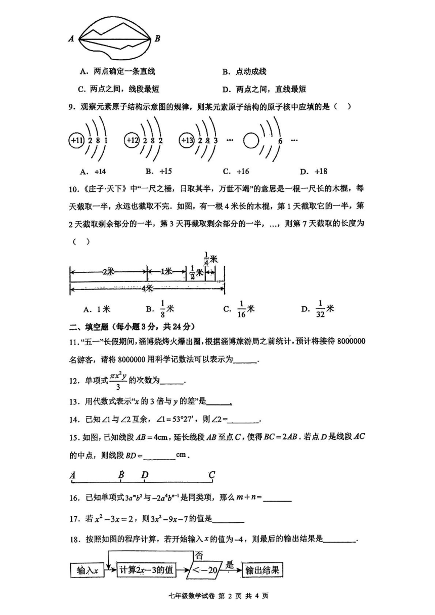 湖南省湘潭市2023-2024学年七年级上学期期末数学试卷（含答案）