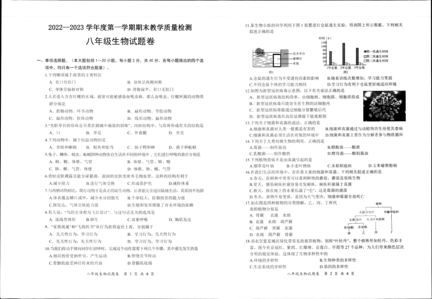 安徽省安庆市怀宁县2022-2023学年八年级上学期期末考试生物学试题（PDF版 无答案）