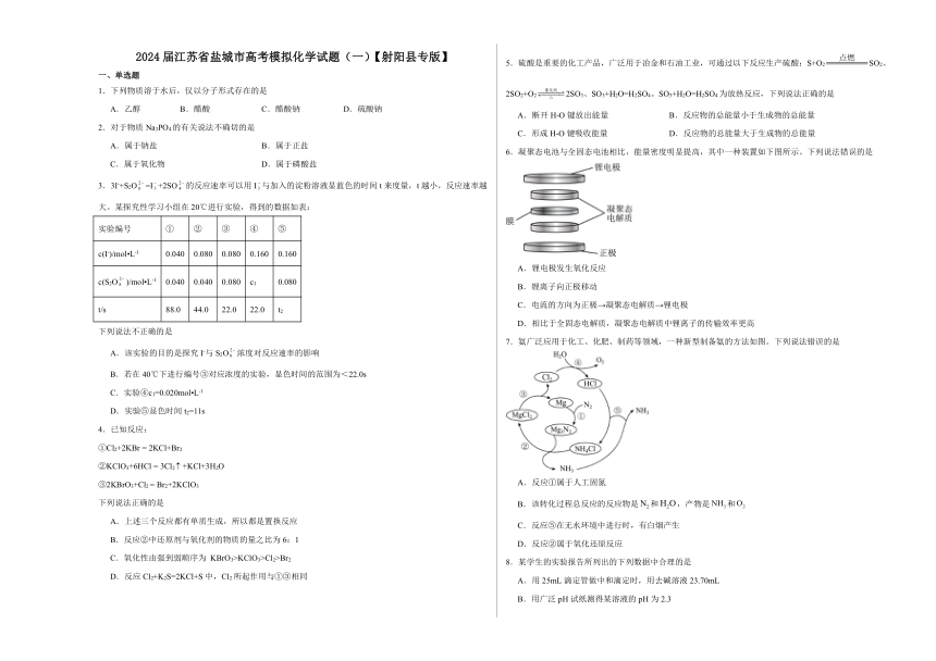 2024届江苏省盐城市射阳县高三上学期1月高考模拟化学试题（一）（含答案）