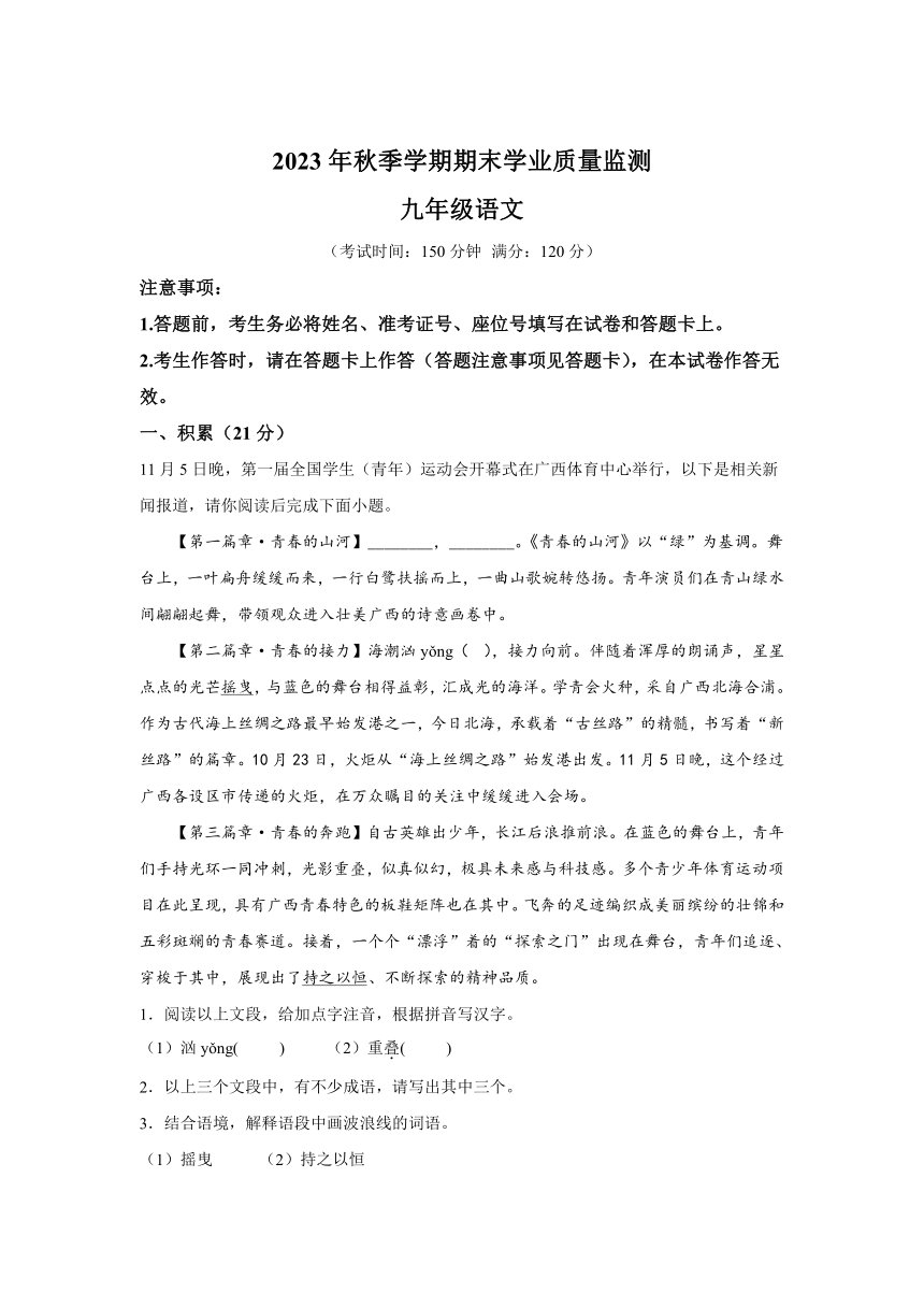 广西钦州市浦北县2023-2024学年九年级上学期期末语文试题(含解析)