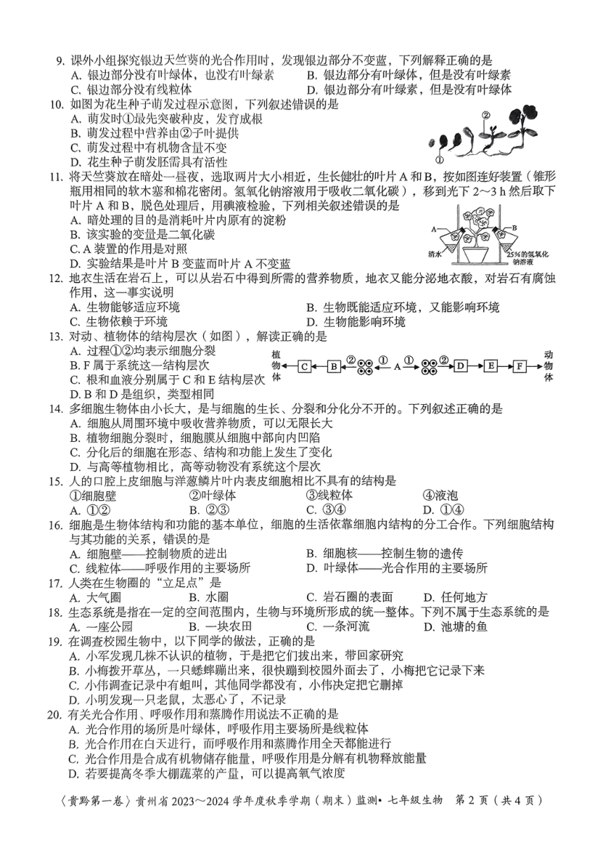 贵州省名校联考2023-2024学年七年级上学期期末质量监测生物试卷（PDF版无答案）