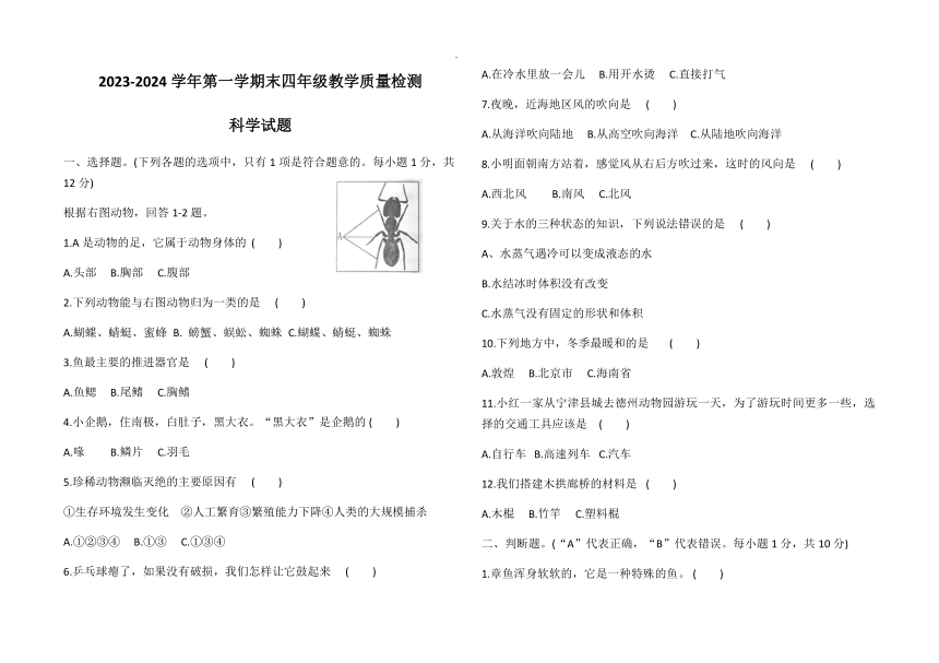 2023-2024学年第一学期德州宁津四年级科学期末质量检测（扫描版含答案）