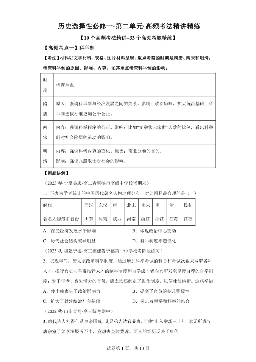 高中历史选必一第二单元官员的选拔与管理 考点讲练（含解析）