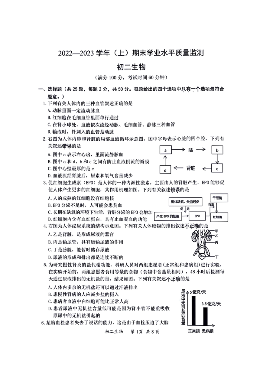 江苏省南通市通州区2022—2023 学年八年级上学期期末学业水平质量监测生物试题（图片版无答案）