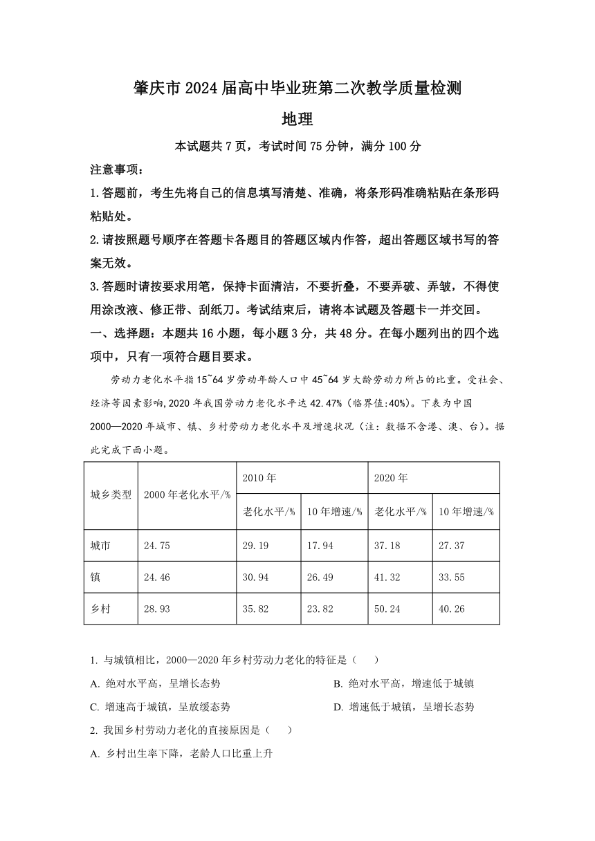 广东省肇庆市2023-2024学年高考二模地理试题（解析版）
