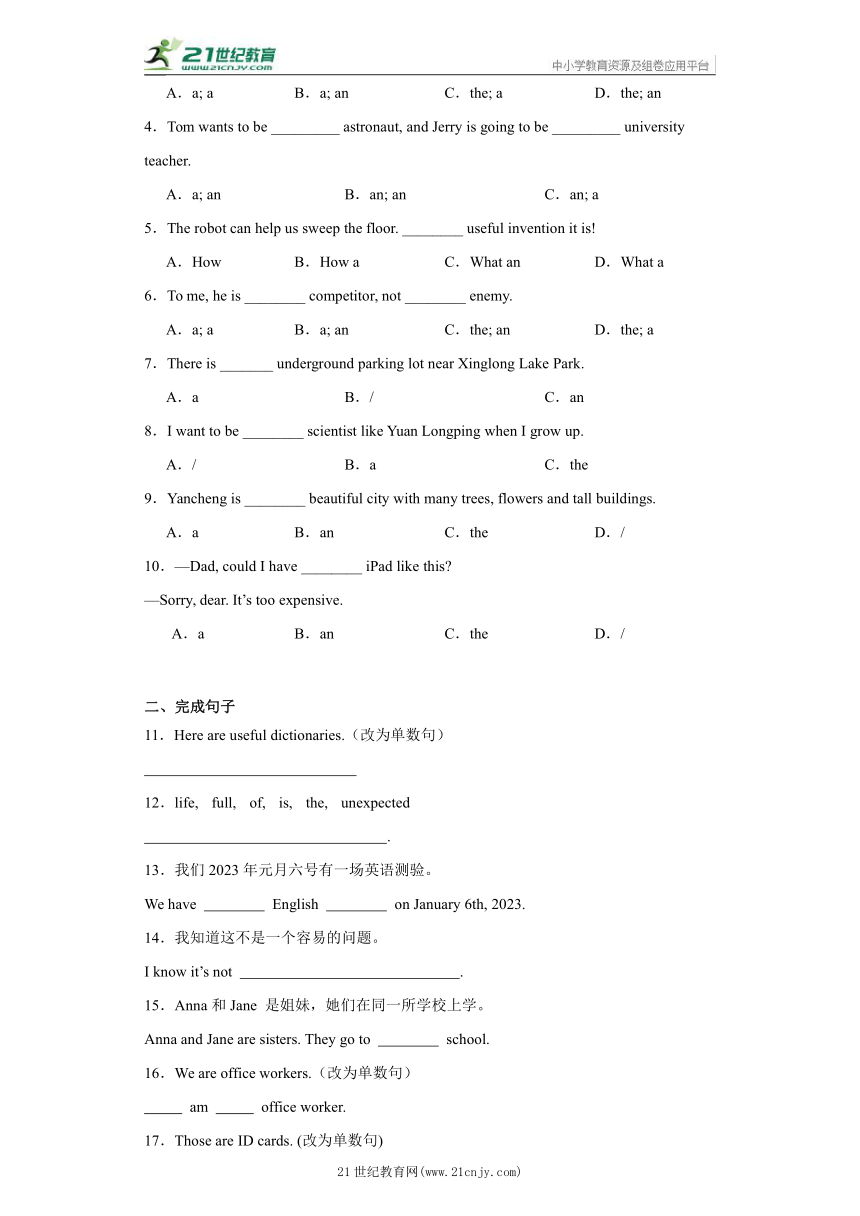 冠词—语法知识梳理+专项集训及解析【中考英语仁爱科普版】（含答案和解析）