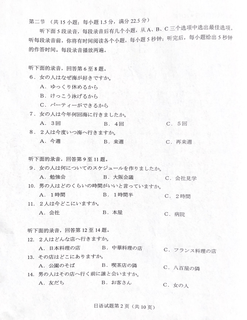 2024年1月河南省普通高等学校招生考试适应性测试日语试题 （扫描版，无答案）