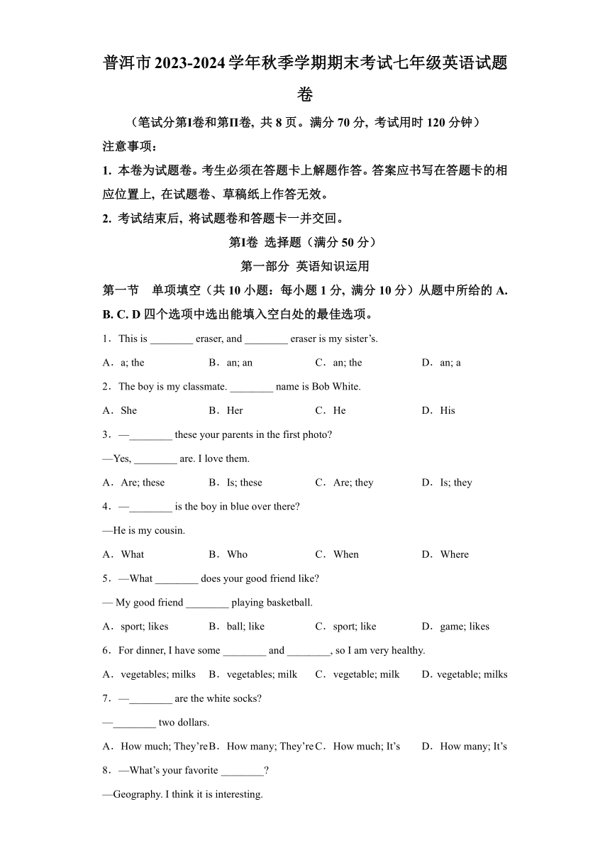 云南省普洱市2023-2024学年七年级上学期期末考试 英语试题（含解析）