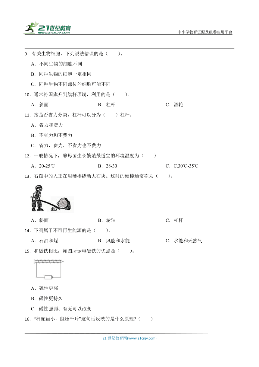 教科版六年级上册科学期末选择题专题训练（含答案解析）