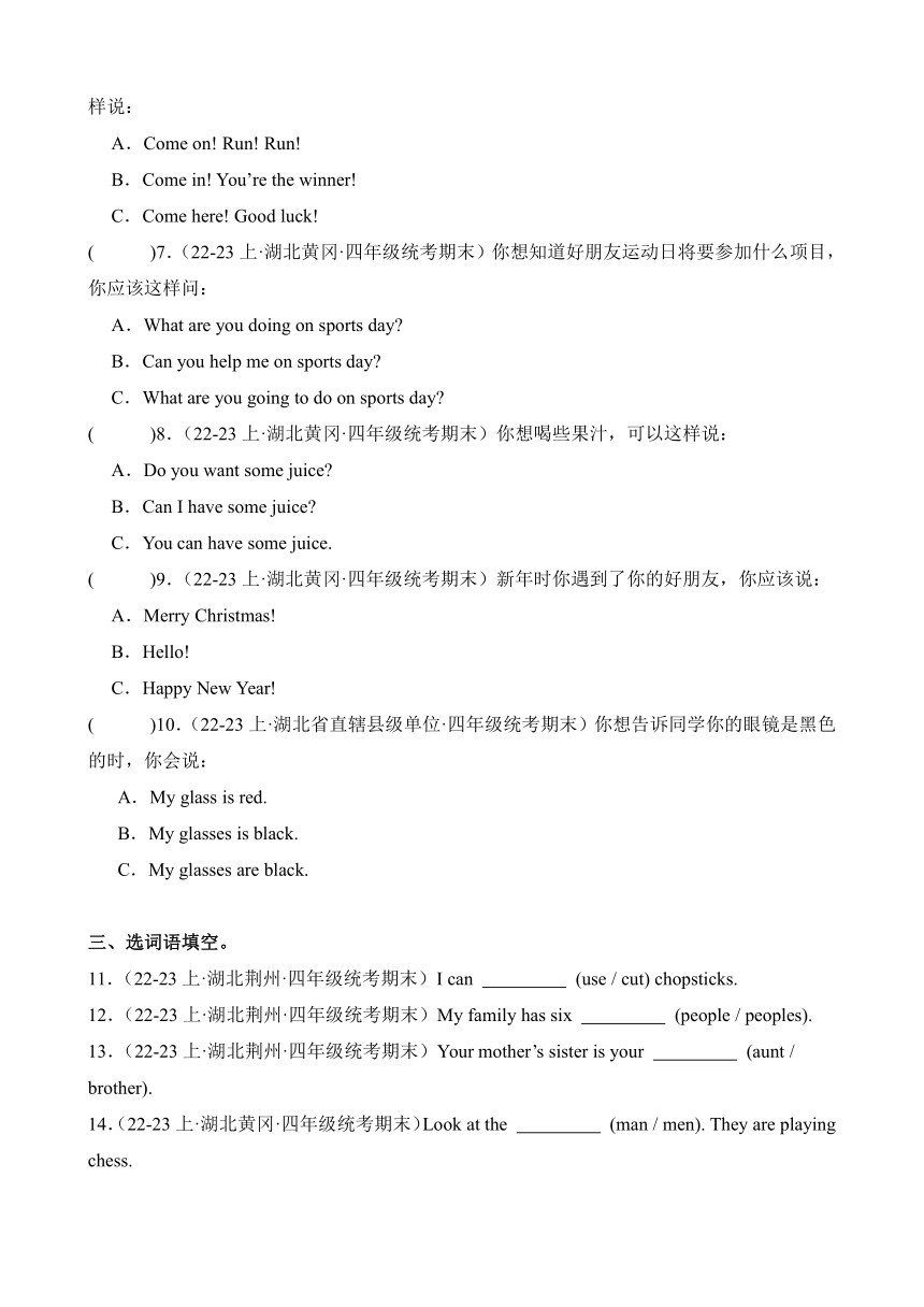 2023-2024学年四年级英语上册期末备考真题分类汇编（湖北地区专版）专题02句型语法（含答案）