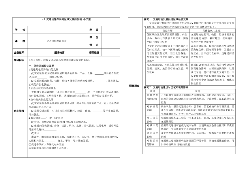 4.2 交通运输布局对区域发展的影响（1）学案2023-2024学年高一地理人教版（2019）必修二