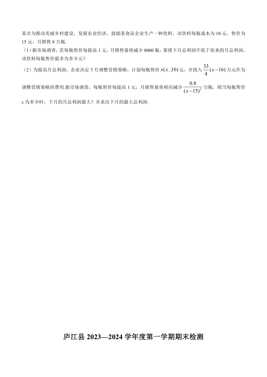 安徽省合肥市庐江县2023-2024学年高一上学期期末教学质量检测数学试题（含解析）