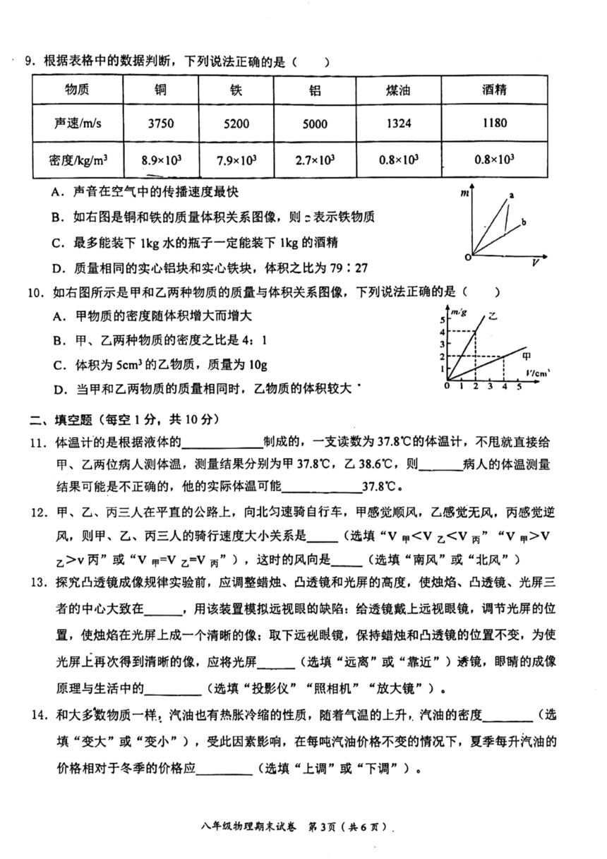 湖北省应城市2023-2024学年八年级上学期期末考试物理试题（PDF无答案）