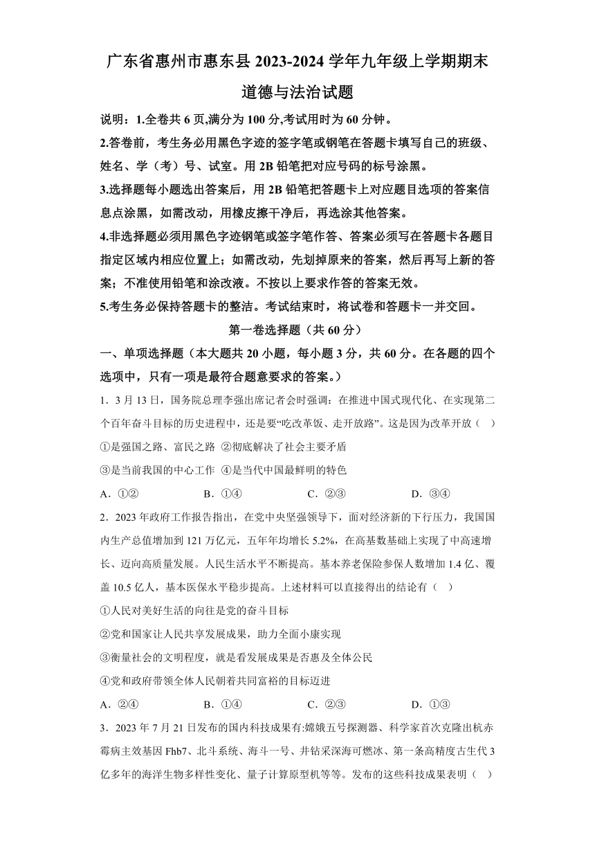 广东省惠州市惠东县2023-2024学年九年级上学期期末 道德与法治试题（含解析）