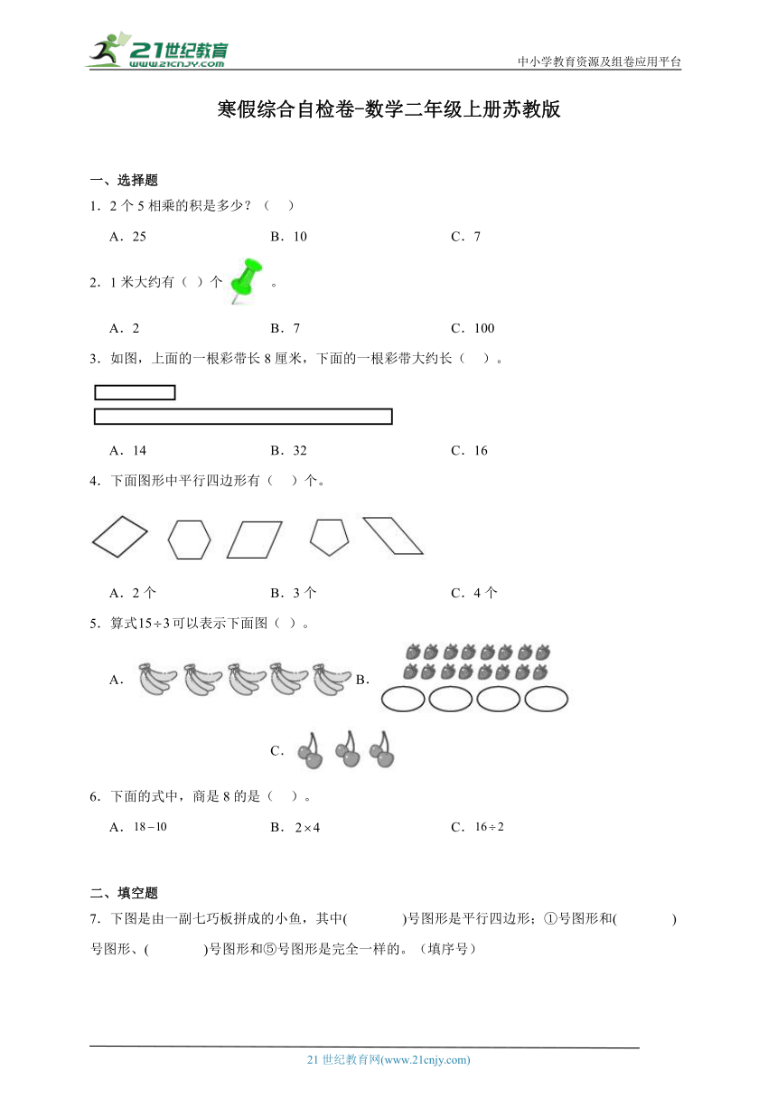 寒假综合自检卷-数学二年级上册苏教版（含解析）