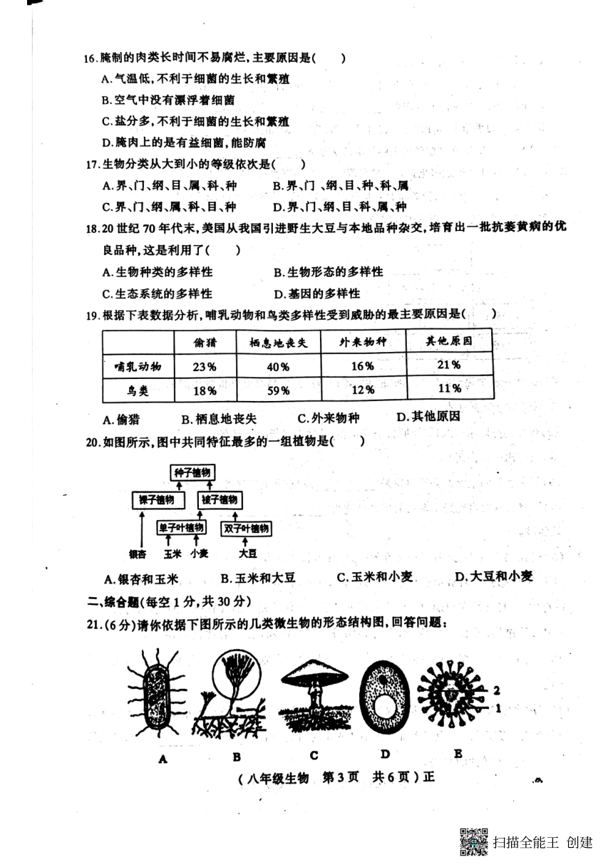 河南省驻马店市正阳县2023-2024学年八年级上学期期末生物试题（PDF版无答案）