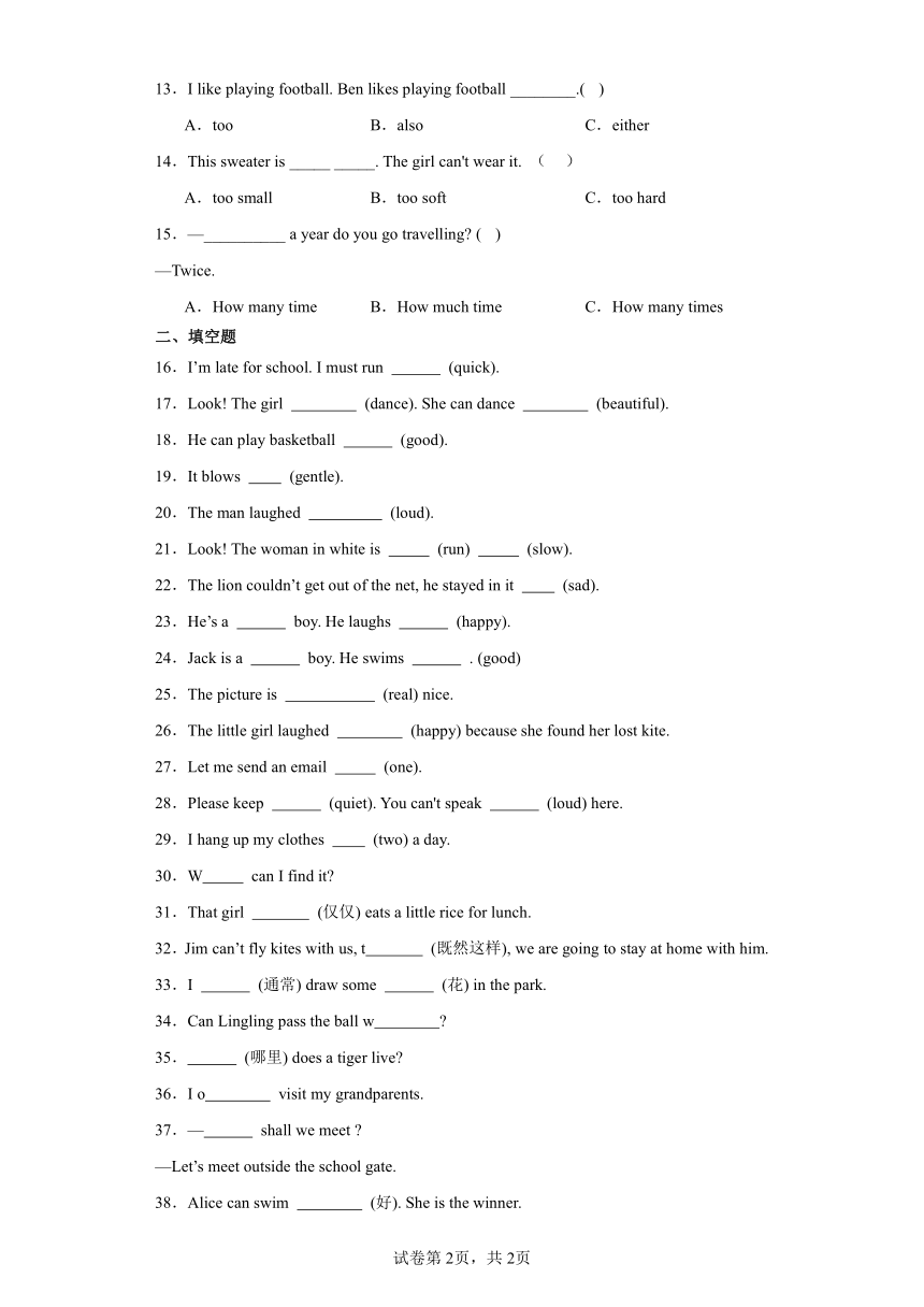小升初语法专题复习-副词（试题） 人教PEP版 英语六年级下册（含答案）