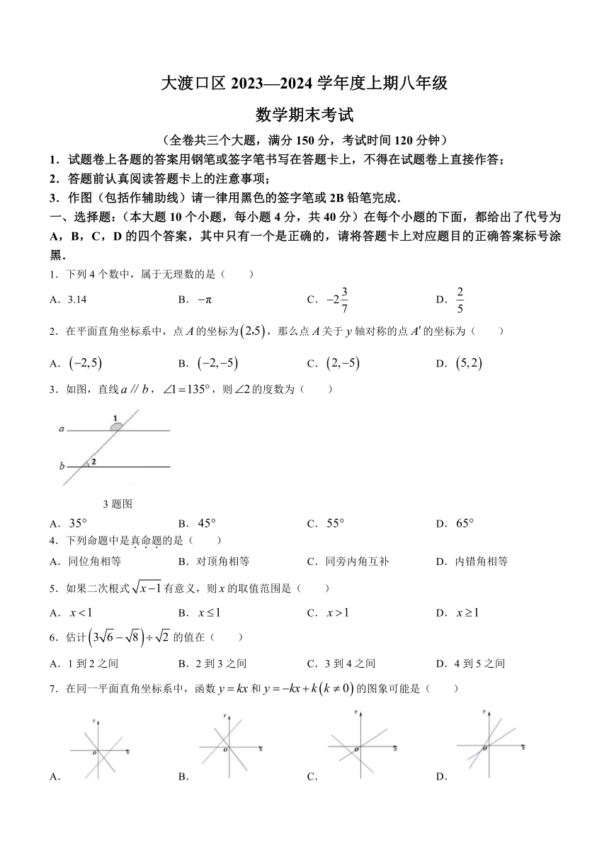 重庆市大渡口区2023-2024学年八年级上学期期末数学试题（含答案）