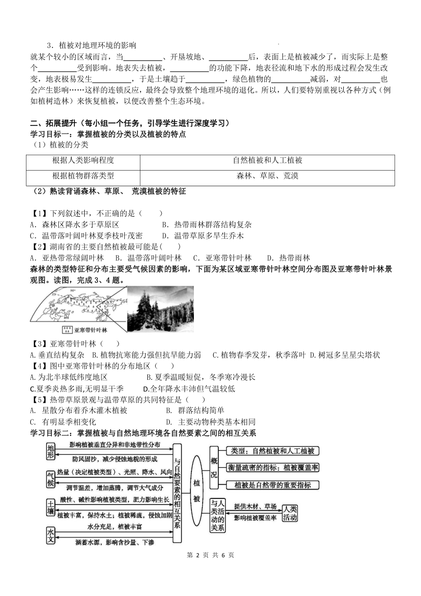 2023-2024学年高中地理湘教版（2019）必修一导学案：5.1 主要植被与自然环境（含答案）