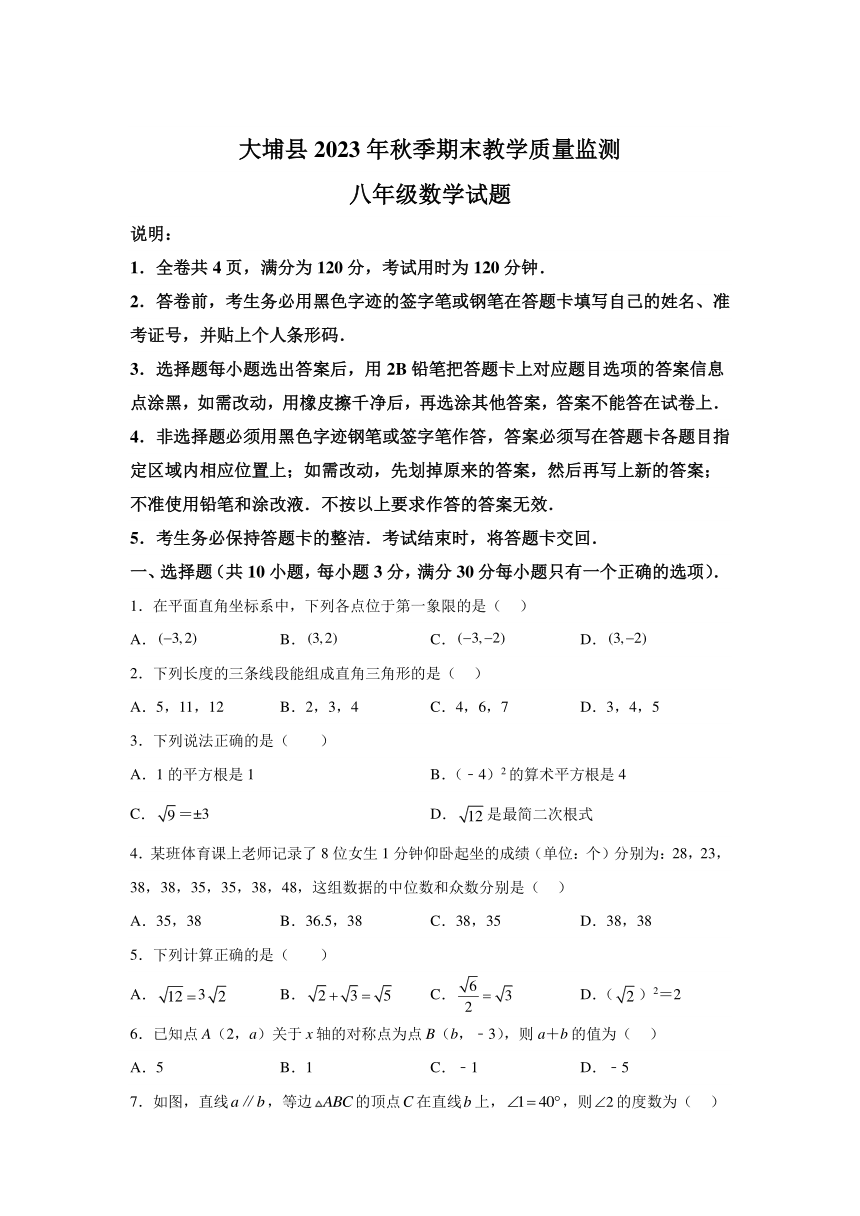 广东省梅州市大埔县2023-2024学年八年级上学期期末数学试题(含解析)