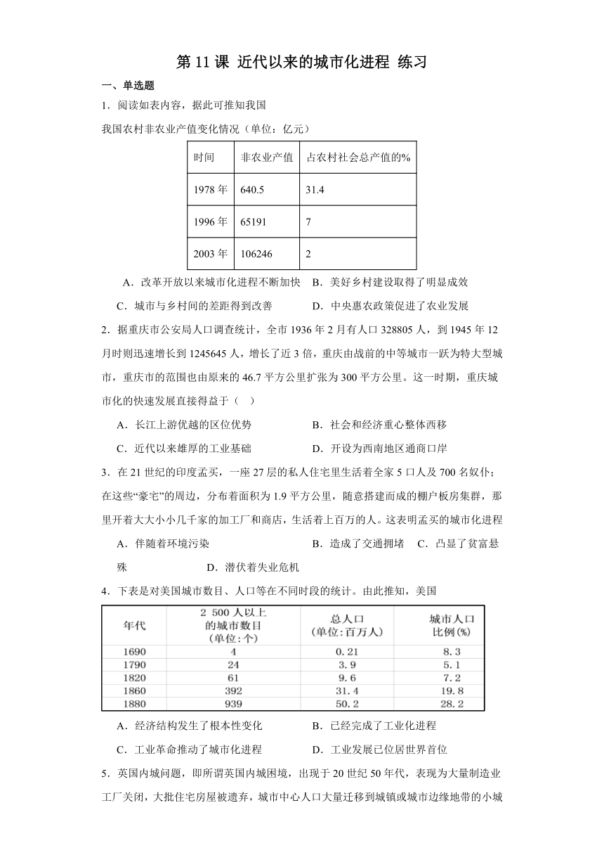 第11课 近代以来的城市化进程 练习-（含解析）-2023-2024学年高中历史统编版（2019）选择性必修2